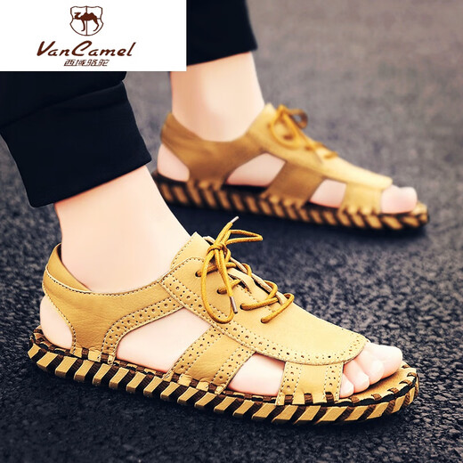 Western Camel (Vancamel) Sandalias de cuero 2024 Nuevos zapatos de cuero en el cuero Sandalias de playa Men Hy/Hy9926-A-Apricot Color 39