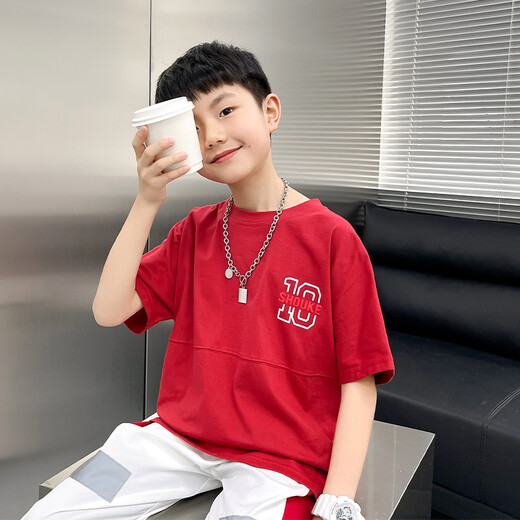McTicco Boys kurzärmelige Kinder Sommer-T-Shirt Pure Cotton Flush Hälfte Ärmeln 2024 Neue Big Children's Street Casual Top 9751 Rot + 9732 Streifen 130 cm