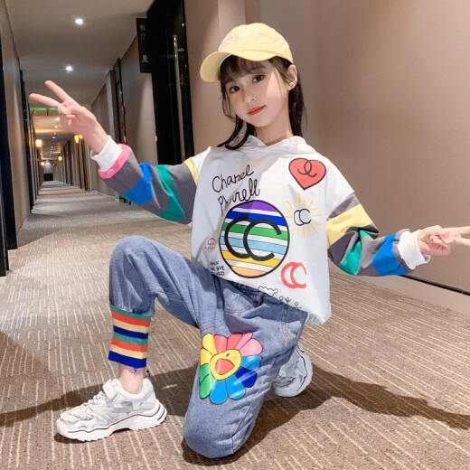 Oguri Yinyin children's clothing girls suit spring and autumn style suit 2021 new style children's sweatshirt casual pants suit medium and large children's casual two-piece set trendy brand 3 to 15 years old white 110 (recommended height is about 100 cm)