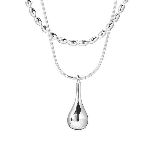925 sterling silver double layer necklace for women 2023 autumn and winter new rice grain water drop pendant clavicle chain fashionable N1274 plain silver 925 silver