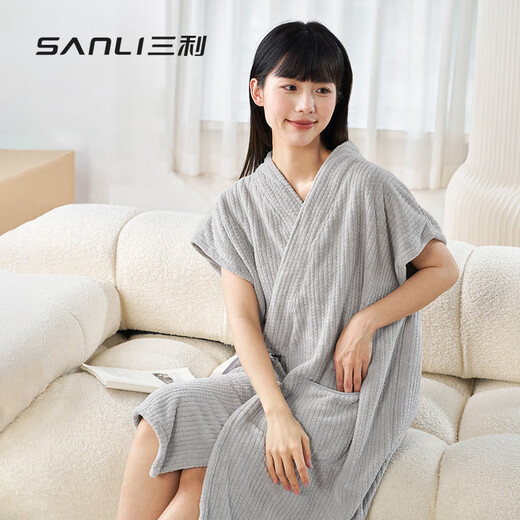 Sanli bathrobe absorption, fast dry half short -sleeved home yukata men's wearable bath towels can be wrapped in sleeping robes couple gray