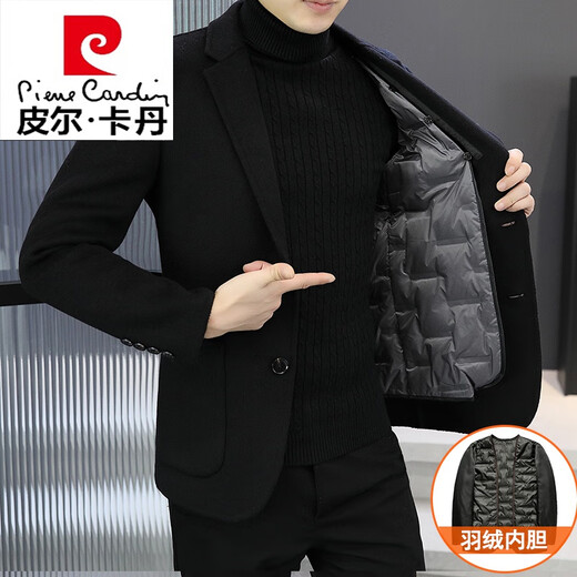 Pierre Cardin winter Korean style slim double-sided woolen suit men's removable down lining wool woolen suit jacket with down lining black with lining XL 135~150Jin Jin equals 0.5 kg