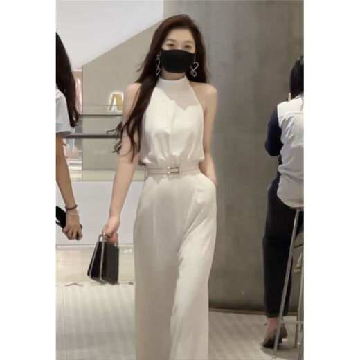 Xi Xuchen Street Internet celebrity style jumpsuit for women 2022 summer design neckband off-shoulder high-waist slimming jumpsuit trendy off-white [belt] M [recommended 95-105Jin [Jin equals 0.5 kg]]