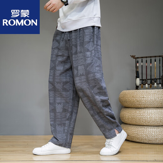 ROMON Chinese style men's linen pants men's plus size wide-leg bloomers spring and summer cotton and linen casual harem pants gray XL (150Jin Jin is equal to 0.5kg)