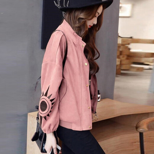 Laini Shengna Short Jacket Women's 2024 Autumn New Korean Style Loose Short Denim Jacket Spring and Autumn Windbreaker Small Jacket Pink M [Recommended 98~108Jin [Jin equals 0.5kg]]