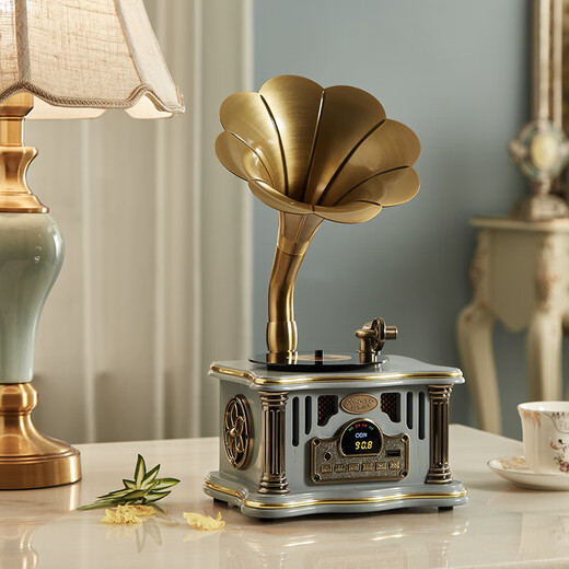 Otieno Antique Vinyl Phonograph Decoration Mini Charging Bluetooth Speaker Retro Birthday Gift Home Ornament Brown Plug-in Rechargeable Free Music USB Disk