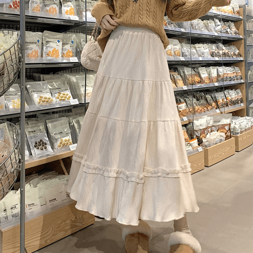 Miao Yijia Autumn Skirt New Style Versatile Winter Skirt Large Hem Skirt Long Skirt Women's Cake Skirt Covering Belly Skirt Small Lace Pleated Skirt Beige M Recommended 95-110 Jin Jin equals 0.5 kg