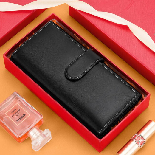 Cnoles wallet women's cowhide long wallet multi-functional clutch retro oil wax leather large capacity coin purse women's gift box card bag birthday gift K1455A black
