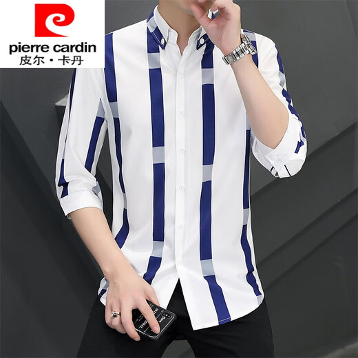 皮尔卡丹（pierre cardin）冰丝衬衫2025夏季男士潮流短.袖上衣青年条纹长袖衬衫休闲T.恤 701 -长.袖 XL 125-135斤