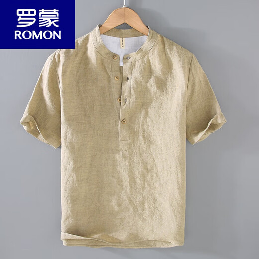 罗蒙（ROMON）纯亚麻短袖t恤男士夏季棉麻T恤麻布衣服复古休闲透气立领麻料上衣 JM280灰色 XL