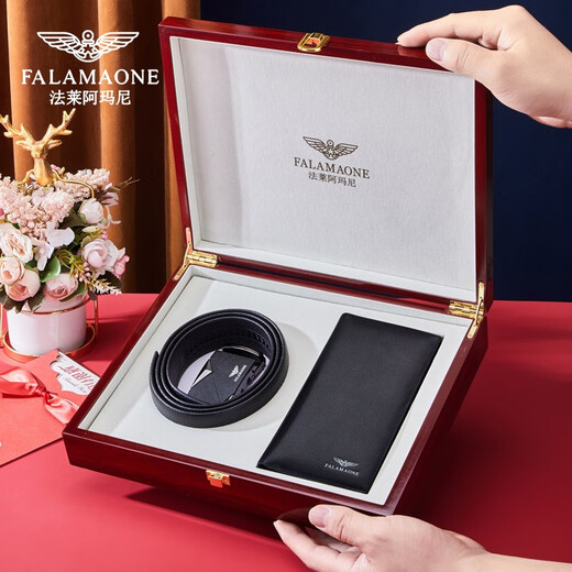 FALAMAONE Brand Boîte à cadeau de portefeuille de ceinture masculine Ensemble de boucle automatique en cuir authentique pour le cadeau de la fête des pères d'anniversaire des garçons portefeuille pratique + ceinture [Cadeau en bois massif haut de gamme]