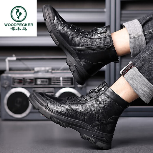 Holzspecker Herren Winterstiefel High-Top-Schneestiefel Herren-verdickte Lederschuhschuhe Nordost warmes Schafslederfell integrierte Männerschuhe 13592 Schwarz (Wolle integriert) 38