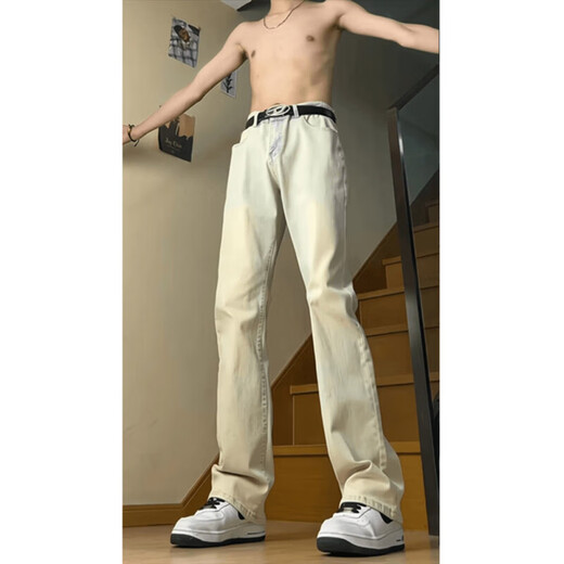 益帛微喇牛仔裤男士冬季加绒美式高街黄泥染做旧宽松休闲直筒长裤子男 泥黄色 XL 【建议120-135斤】