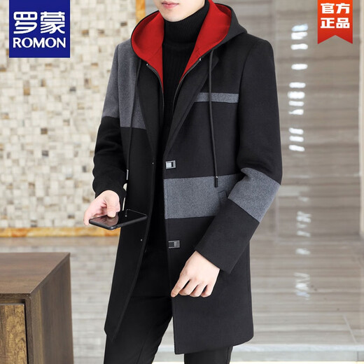 Romon 2025 Neuer Herbst- und Winter-Herren-Wollmantel mit mittlerer Länge Wollmantel Winter-Trenchcoat Herren-Trend M98-schwarzer schwarzer Hut M [90-110jin [Jin gleich 0,5 kg] tragbar]