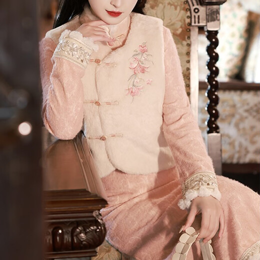 Du Yanzhi pink cheongsam new autumn and winter long-sleeved thickened warm vest suit lady Tang suit new Chinese style winter pink (separate cheongsam) 2XL 120-130Jin Jin equals 0.5kg (1.6m height standard)