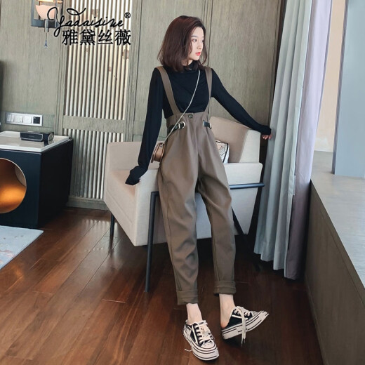 Yadaisiwei casual pants women's fashion overalls suit for women 21 autumn new Korean style temperament long-sleeved high-waisted slim jumpsuit for women small and stylish, age-reducing black top + brown overalls L