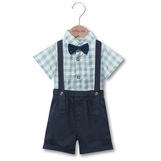 GOKU男宝宝周岁礼服夏背带裤新款婴幼儿生日一岁抓周小西装儿童演出服 蓝格子 80（建议体重16-19斤）