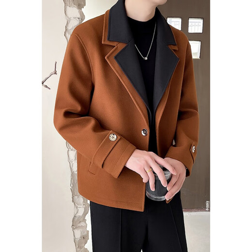 Romon Double Collar Short Windbreaker Jacket Men's Autumn and Winter High-end Trendy Contrast Color Splicing Woolen Coat Suit Jacket Black XL