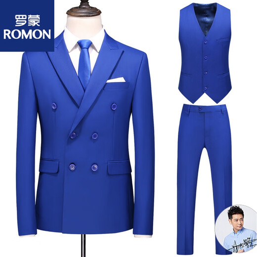 ROMON2022 men's large size suit three-piece double-breasted solid color suit business formal sapphire blue L