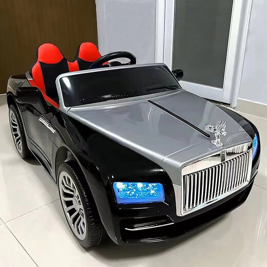 Baolaifu children's electric car, children can sit on big boys and girls, four-wheeled rechargeable battery car with remote control toy car, painted black, leather seat + Bluetooth music + remote control self-driving