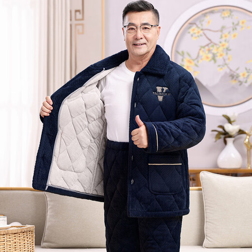 随阅睡衣男冬季加厚加绒三层夹棉珊瑚绒法兰绒套装中老年家居服爸爸装 N9921M灰 牛奶绒 升级加厚 L码(90-120斤）