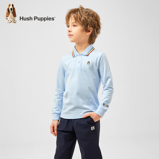 Hush Puppies children's clothing for children, boys and older children, spring and autumn new color ribbed lapels, fashionable and simple long-sleeved POLO shirts, ice crystal blue 120 cm