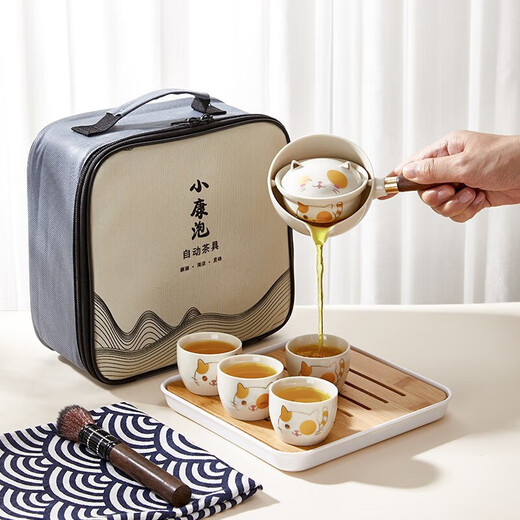 Qingbilin QBILY Lucky Cat Kung Fu Tea Set Xiaoyao Pot Travel Tea Set Home Outdoor Portable Camping Quick Cup 5 pieces Lucky Cat One Pot Four Cups Travel Bag