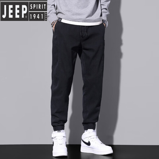 吉普（JEEP）2023年新款秋冬季加绒裤子男士加厚束脚工装潮流松紧腰休闲牛仔裤 9859黑色加绒 XL 【130-150斤】