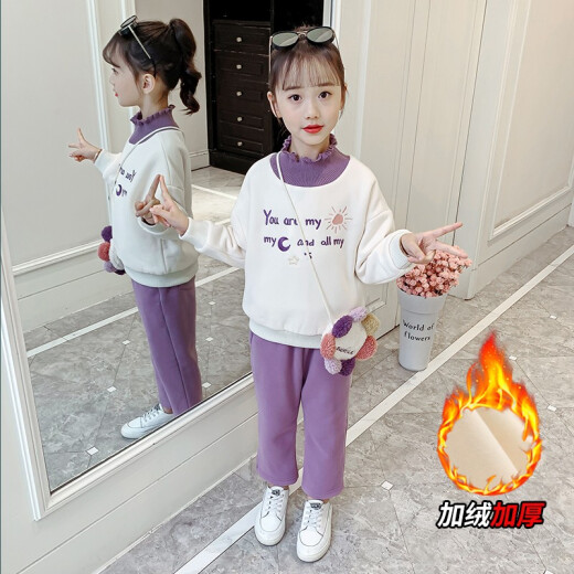 Funny Cat Children's Clothing Girls' Suit Autumn and Winter 2020 New Children's Suit Winter Korean Style Girls' Middle and Large Children's Velvet Thickened Top Jacket Sweatshirt Fleece Pants Two-piece Set Baby Clothes Purple 150 Size Recommended for Children with a Height of Around 140