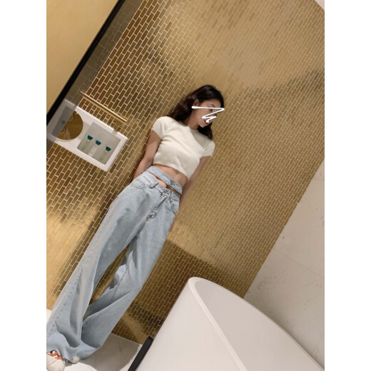 Fashion trend new product exposed waist light blue soft wide leg jeans women's loose 2020 summer new high waist drape thin section slim straight trousers light blue S