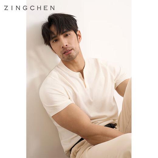 ZINGCHEN Machine washable Henry collar short-sleeved tough guy style knitted short-sleeved T-shirt men's summer men's base layer white XL