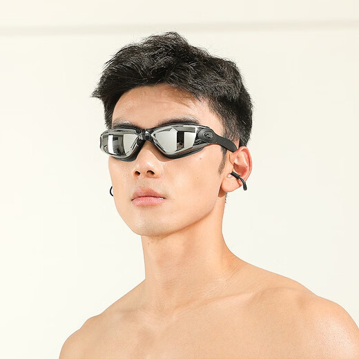 Shimeijia swimming goggles for men and women, anti-fog high-definition large-frame swimming goggles, fashionable electroplated adult swimming goggles, universal one-piece earplugs, 8016D cool black coating