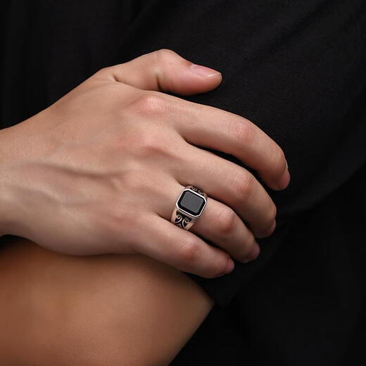 Fat Donglai quality men's black gemstone ring silver obsidian men's trendy personalized ring accessories retro domineering niche open ring (adjustment range 18#-24#)