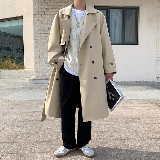 OEMG windbreaker men's mid-length Korean style trendy and handsome coat spring, autumn and winter loose Hong Kong style ins plus size tops black 2XL