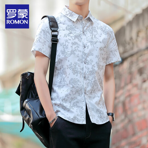 Romon Summer Imprimé Shirt Men's Clorded Floral Youth Floral Trendy Slim Coréen Version Coton Green Coton Floral Casual Floral Style 1048-833 White XL 125-135Jin [Jin est égal à 0,5 kg]