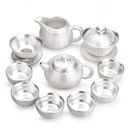 NAVSTIN 999 sterling silver tea set home office tea set complete set of ceramic liner sterling silver kung fu tea set gift 10-piece silver woven bamboo teapot set (silver inside and outside)