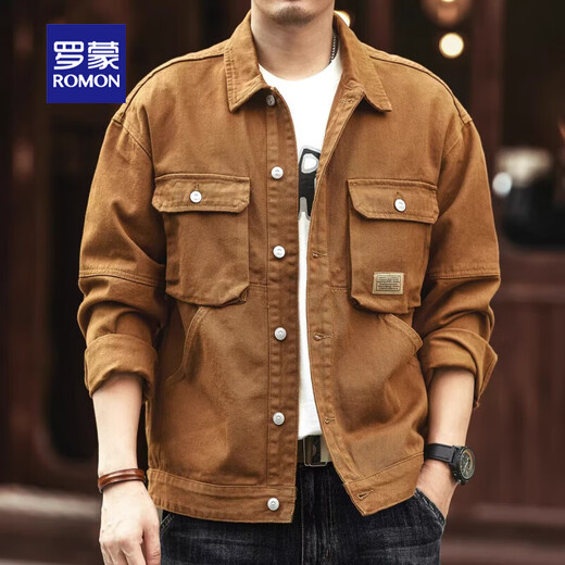 Romon Jacket American Heavyweight Retro Denim Jacket Men's Autumn and Winter Velvet Loose Casual Tough Guy Hunting Workwear Men's Turmeric L Suitable for 120-140 Jin Jin equals 0.5 kg