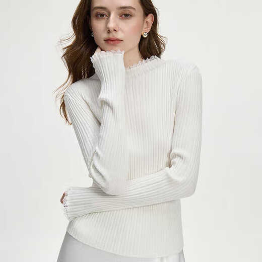 Fan Silan Lace Spitze Halbschildkröten -Strick -Basishemd für Frauen Herbst und Winter 2024 neuer schlanker Körper 14113 Weiß XS