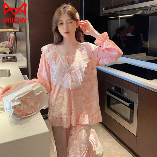 Cat Man Pyjamas für Frauen im Herbst und Winter 2023 neuer Stil von Gold Samt Prinzessinstil süß und niedlich Palast dünner Samt-Heimkleidung Set 723# Pink [hochwertiger Samt] M [Empfohlen 75-95jin [Jin gleich 0,5 kg] tragen]