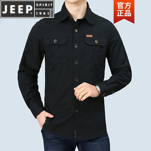 JEEP SPIRIT春秋季纯棉长袖衬衫男士休闲大码宽松多口袋工装纯色商务衬衣男潮 6621军绿 3XL