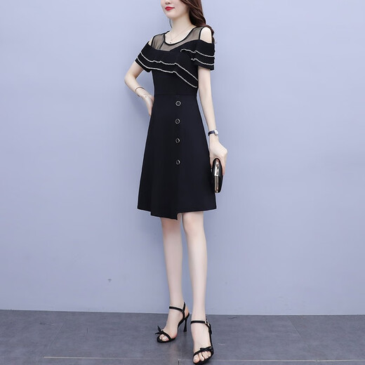 WeiLuoXuan (WeiLuoXuan) 2025 summer new dress for women with ruffle off-shoulder mesh splicing fashionable light luxury temperament covering belly 6231 picture color L Recommended 98-115Jin [Jin equals 0.5 kg]