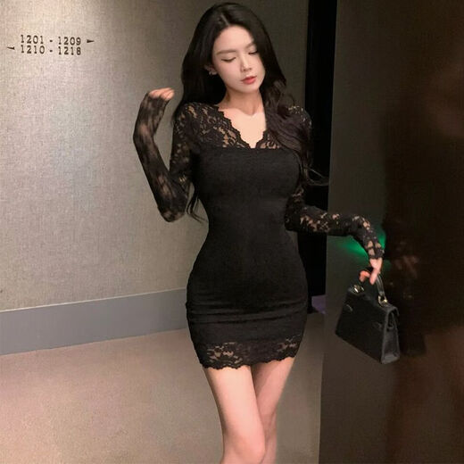 Yi Jingxuan (Yijingxuan) Vestido de encaje hueco de cuello en V de celebridades para mujeres en otoño e invierno pura falda madre de cadera sexy y sexy que muestra su figura dentro del club nocturno Imagen L 105-115Jin [Jin iguala 0.5 kg]