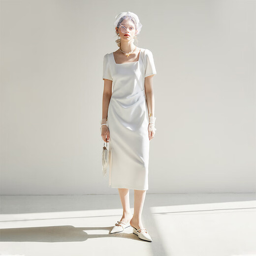 Fan Silan French square neck temperament small white skirt for women in summer 2024 new dress dress 24FS12041 white M