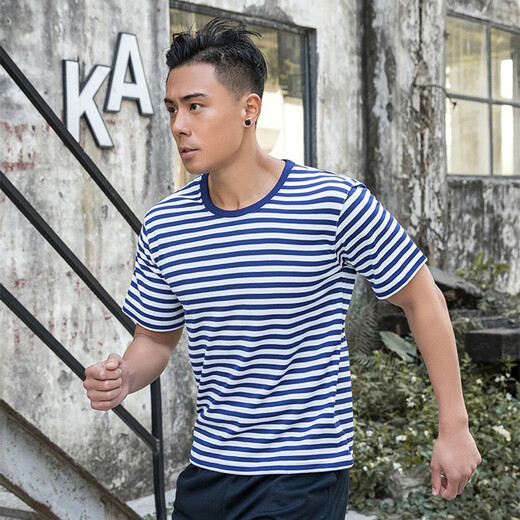 致情怀海魂衫体能服训练服套装男夏季海洋蓝白条纹圆领速干透气体能训练 海魂衫单上衣 165-17084-88