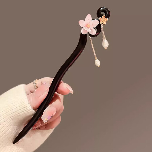 Romantic cherry blossom hairpin for women, high-end antique style step-shaping tassel wooden hairpin, simple hairpin, Hanfu hairpin, pink flower tassel-wooden hairpin
