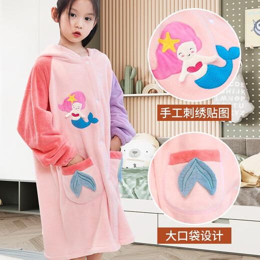 Baifei bath towel can be worn and wrapped around boys and girls bath skirt cloak long-sleeved water-absorbent quick-drying non-pure cotton water-absorbent children's bathrobe children's bathrobe-Green Dinosaur (large size) suitable for height