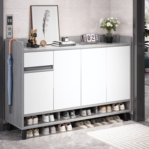 Mikemijia (Mikemijia) Mikemijia Gabinete de calzado simple Puerta doméstica Moderna de porche Simple Entrance y pared integrada 2025 Nuevo modelo [cuatro puertas y un sorteo] Morandi Gray 120*32 Asamblea (autoinstalación)