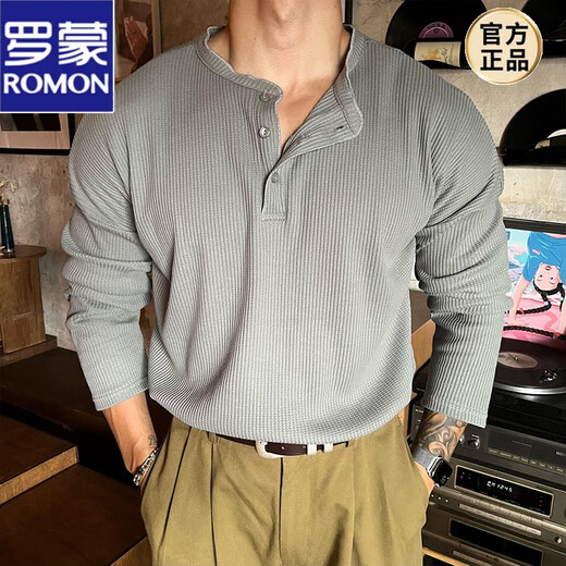 ROMON large size 300Jin Jin equals 0.5kg Henry collar waffle loose bottoming shirt for men spring and autumn new slim long-sleeved T-shirt top white 2XL 140-160Jin Jin equals 0.5kg