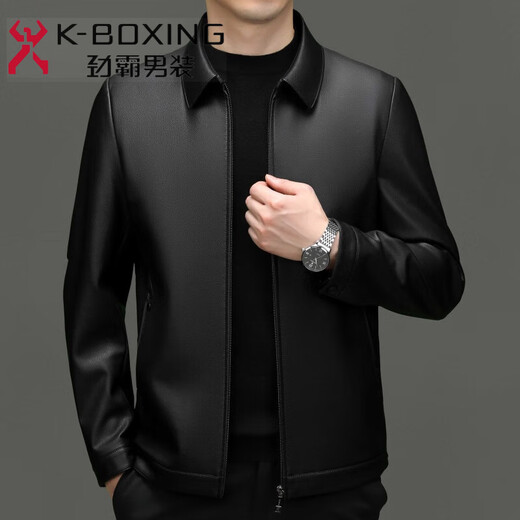 JINBA new autumn and winter middle-aged lapel genuine leather jacket for men slim sheepskin daddy casual leather jacket 8116 black single leather one size 190/56