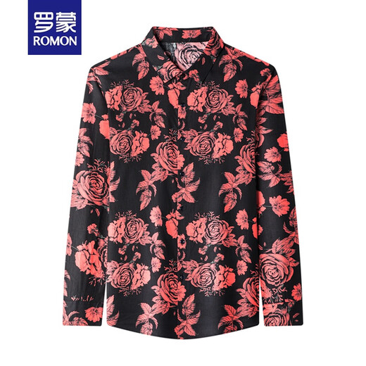 Romon Marke Blumenhemd Herren Herbst Langarm Trendy gutaussehende Männer Blumenhemd Schlanker Frühling mittlerer Alters und Herbst Dünner Herren Baumwolle 9904 Rot L.